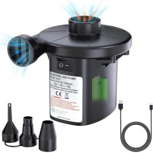 imagePULIDIKI Air Pump Electric Air Pump for Inflatables Air Mattress Pump Rechargeable Battery Air Pump with 3 Nozzles Inflator Deflator for Camping Air Mattress Beds Air Sofa Boat Pool Toys