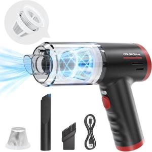 imageCOLORCORAL Mini Car Vacuum Cleaner 8000PA Keyboard Cleaner Cordless Rechargeable Handheld Vacuum with LED for Office Home Car CleaningRed